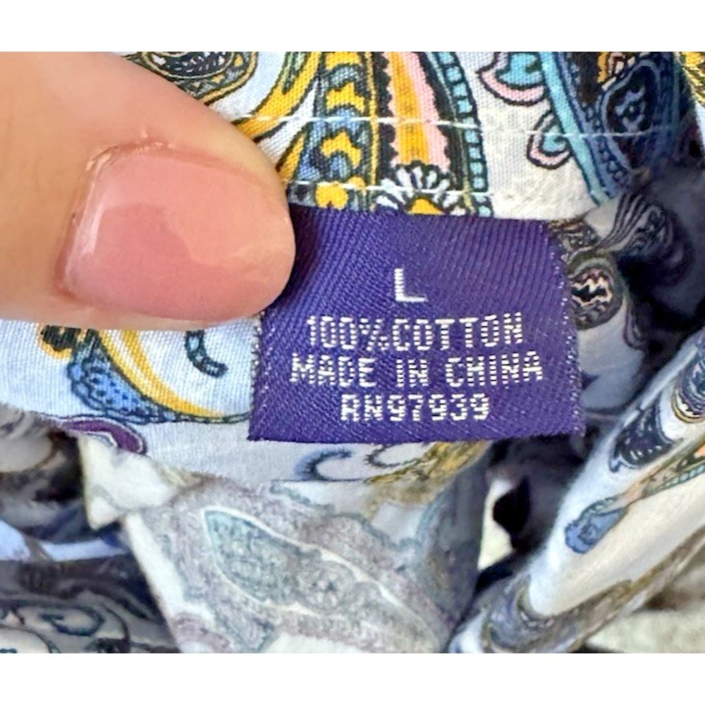 Alan Flusser Men's Large Long Sleeve Bright Purple Blue Paisley Flip‎ Cuff Shirt - Picture 5 of 5